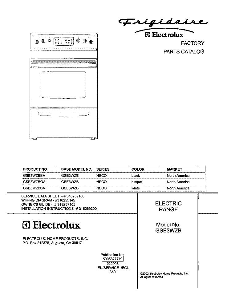 COVER Diagram and Parts List for GSE3WZBQA  Frigidaire Range