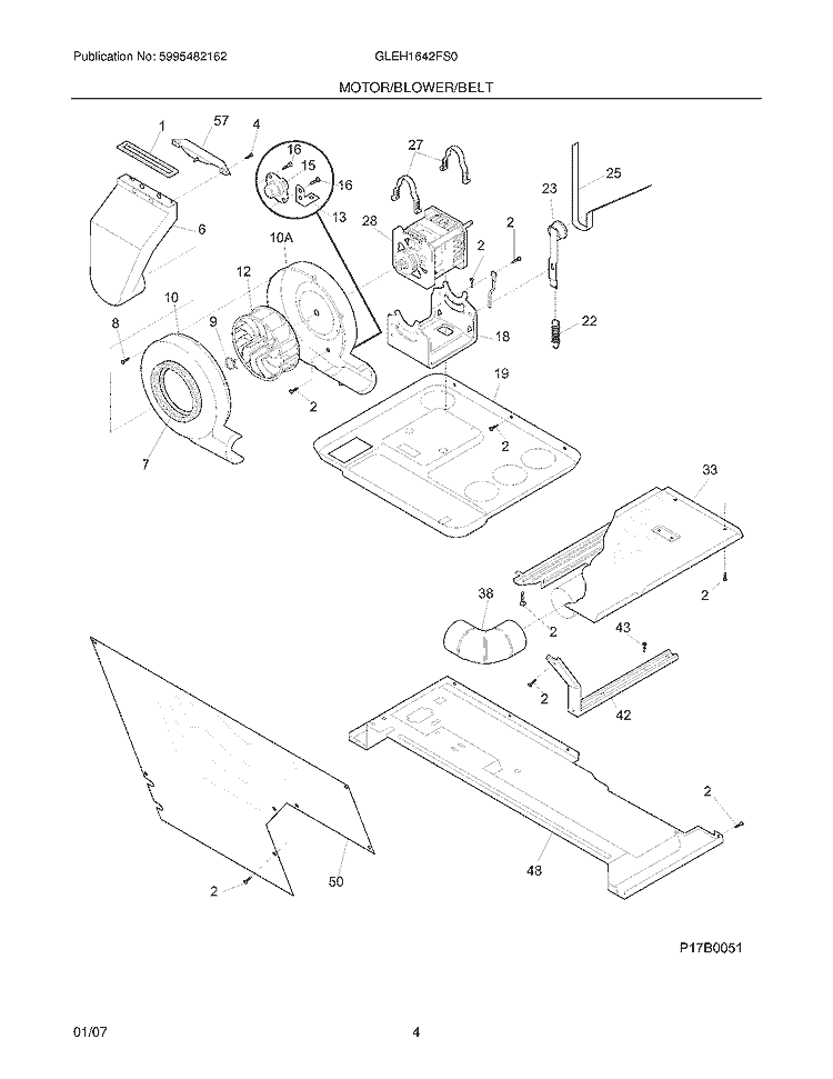 MOTOR / BLOWER / BELT Diagram and Parts List for GLEH1642FS0  Frigidaire Washer Dryer Combo