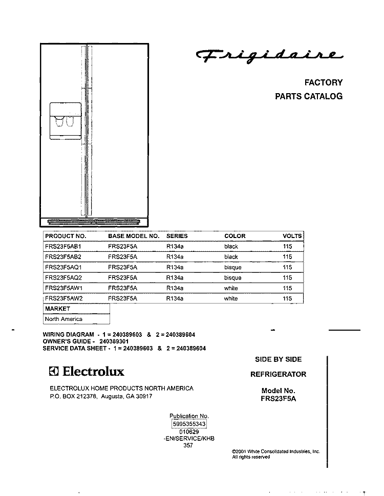 COVER Diagram and Parts List for FRS23F5AQ1  Frigidaire Refrigerator