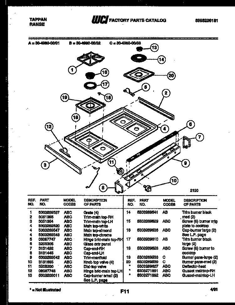 COOKTOP PARTS Diagram and Parts List for 30-4980-23-02  Tappan Range