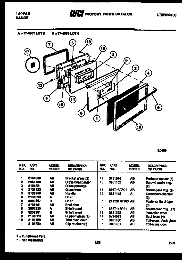 LOWER OVEN DOOR PARTS Diagram and Parts List for 77-4987-00-05  Tappan Microwave Oven Combo