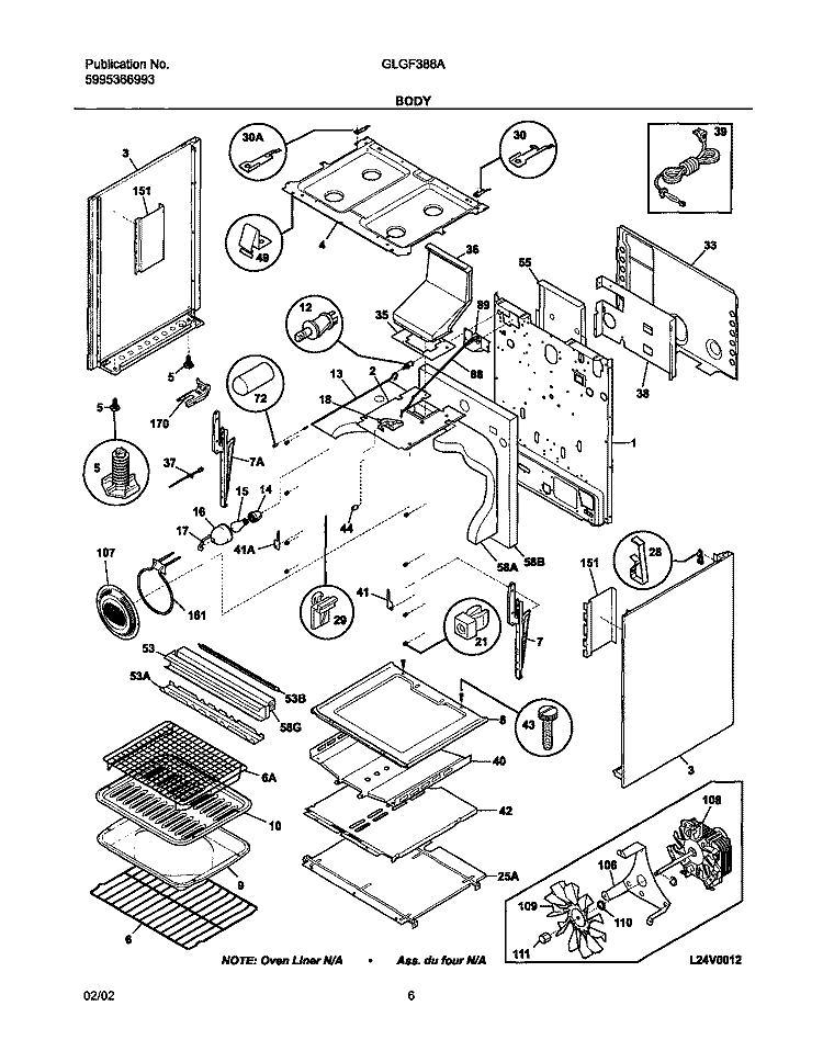 BODY Diagram and Parts List for GLGF388AQC  Frigidaire Range