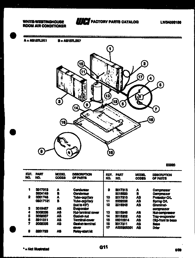 SYSTEM PARTS Diagram and Parts List for AS187L2K7  Frigidaire Air Conditioner