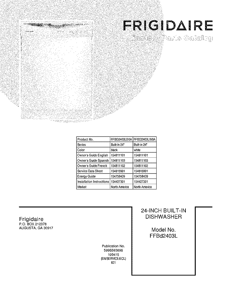 COVER Diagram and Parts List for FFBD2403LW0A  Frigidaire Dishwasher