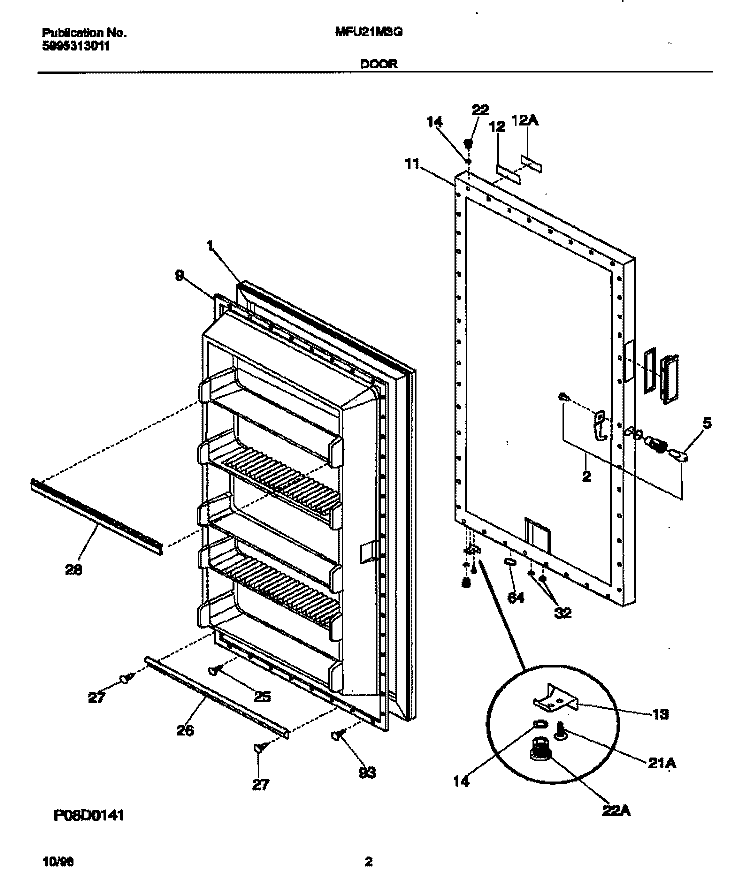 DOOR Diagram and Parts List for MFU21M3GW1  Frigidaire Freezer