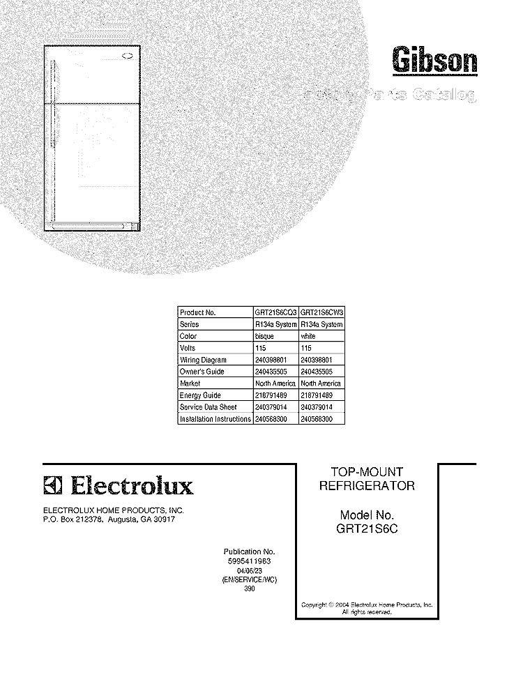 COVER Diagram and Parts List for GRT21S6CW3  Gibson Refrigerator