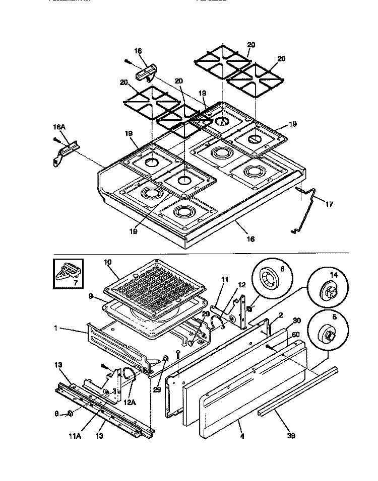 TOP / DRAWER Diagram and Parts List for FGF332BBDA  Frigidaire Range