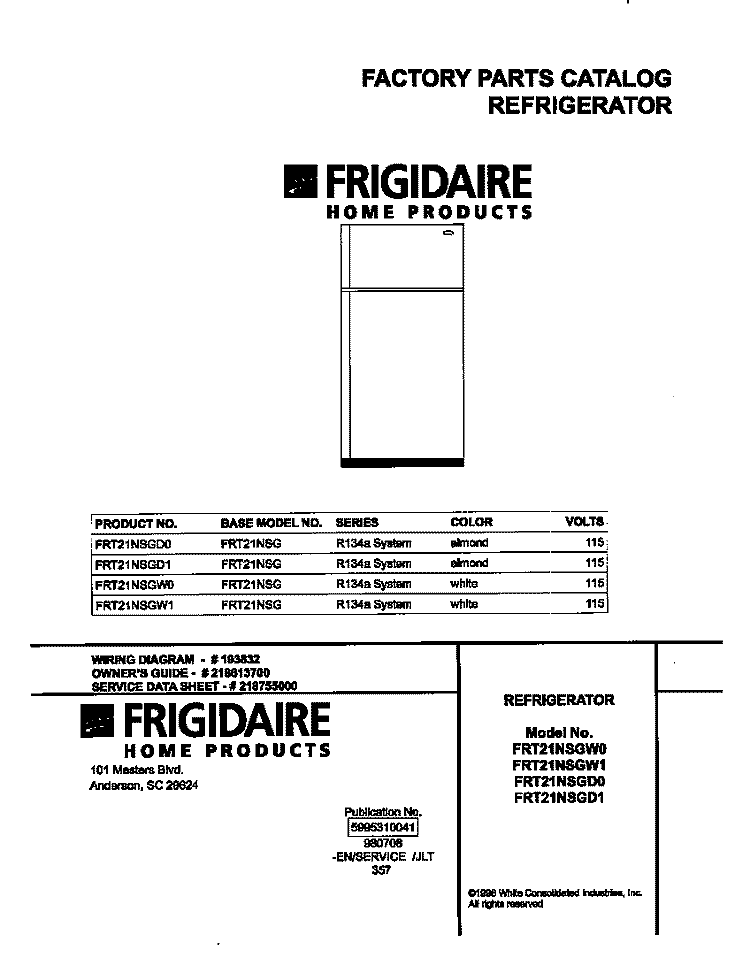 COVER Diagram and Parts List for FRT21NSGD1  Frigidaire Refrigerator