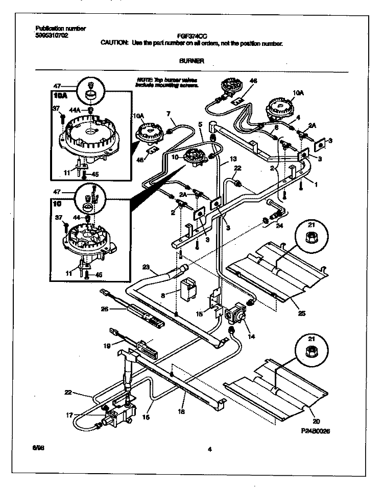 BURNER Diagram and Parts List for FGF374CCSL  Frigidaire Range
