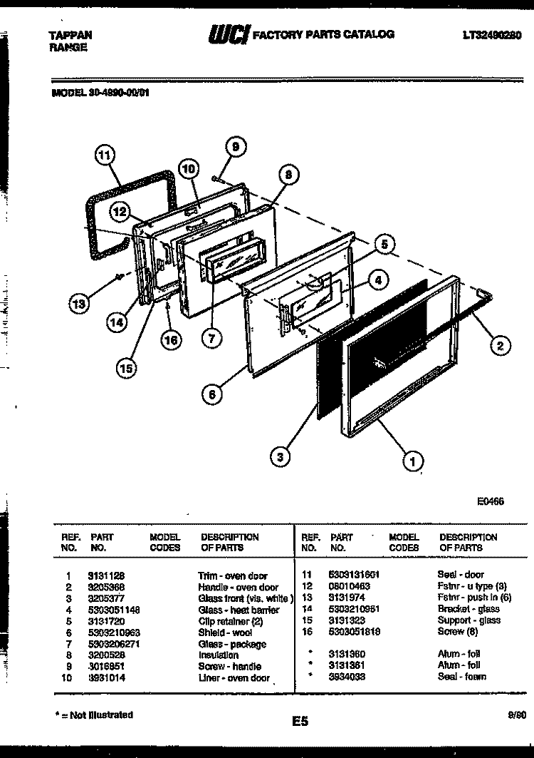 DOOR PARTS Diagram and Parts List for 30-4990-00-01  Tappan Range