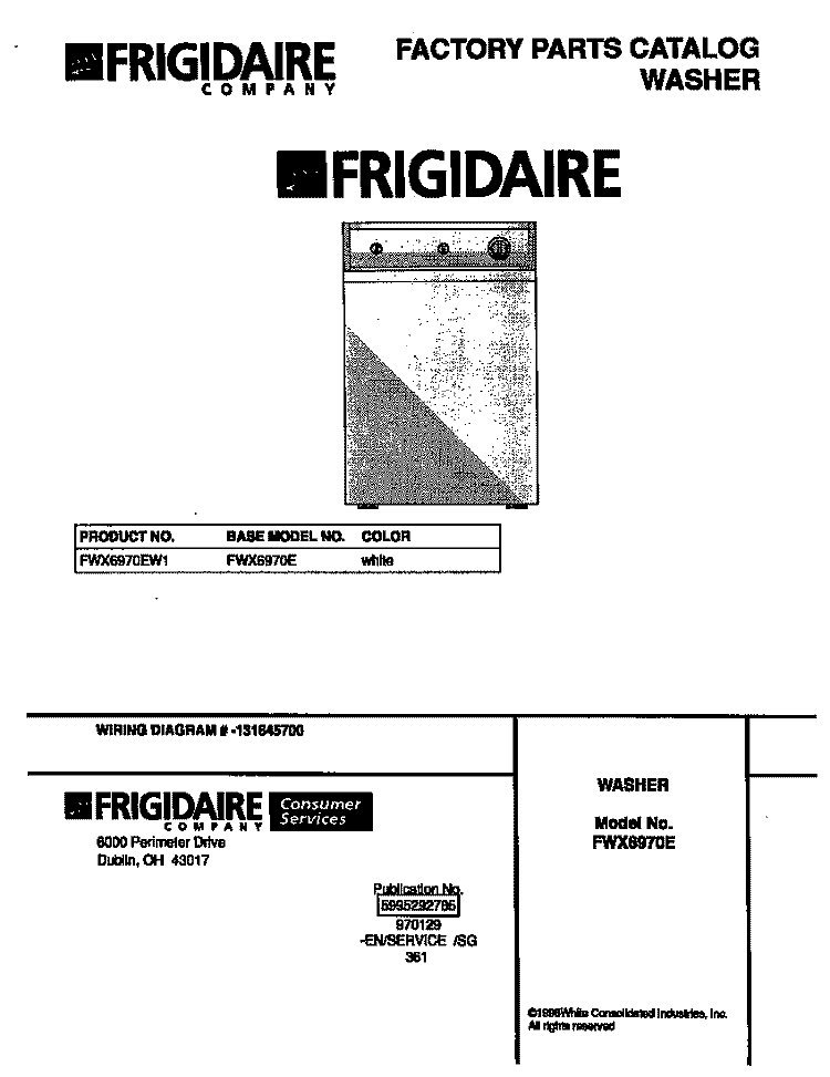 COVER Diagram and Parts List for FWX6970EW1  Frigidaire Washer