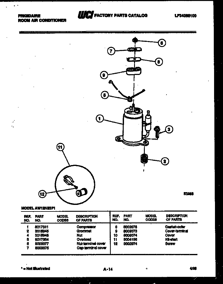 COMPRESSOR PARTS Diagram and Parts List for AW12NE5F1  Frigidaire Air Conditioner