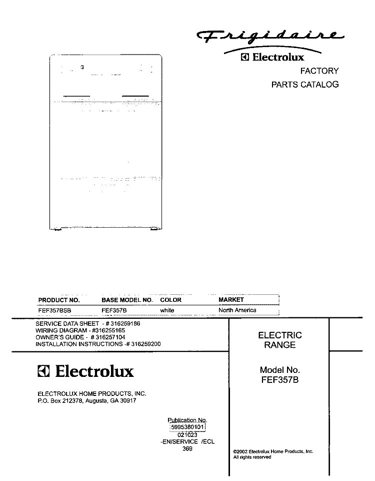 COVER Diagram and Parts List for FEF357BSB  Frigidaire Range