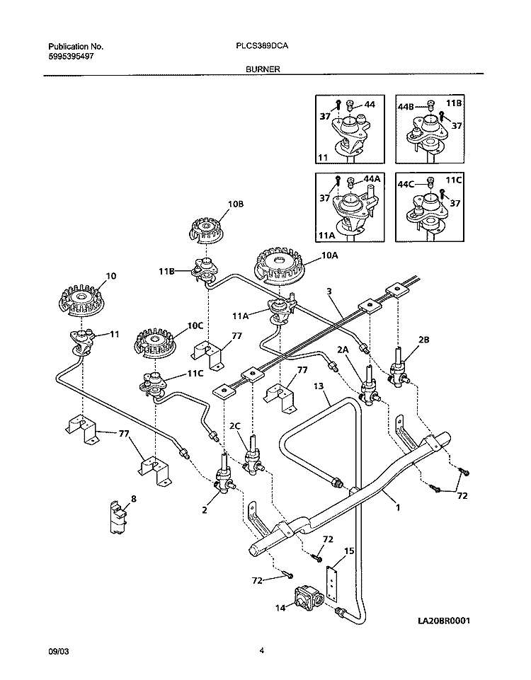 BURNER Diagram and Parts List for PLCS389DCA  Frigidaire Range