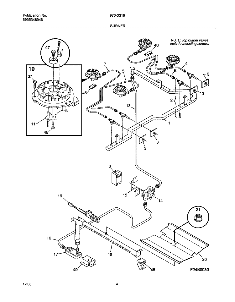 BURNER Diagram and Parts List for FLF334BGDF  Frigidaire Range