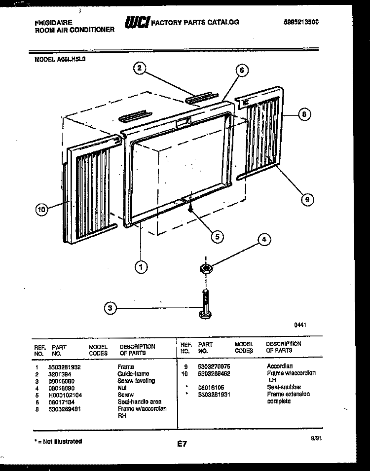 WINDOW MOUNTING PARTS Diagram and Parts List for A08LH5L3  Frigidaire Air Conditioner