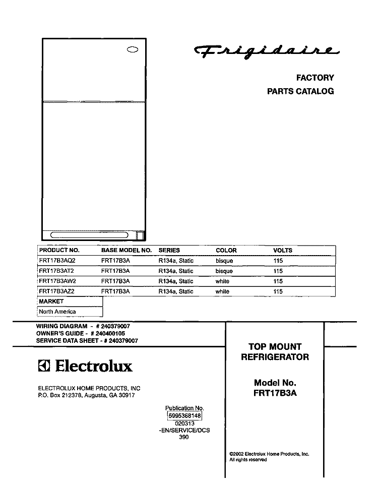 COVER Diagram and Parts List for FRT17B3AZ2  Frigidaire Refrigerator