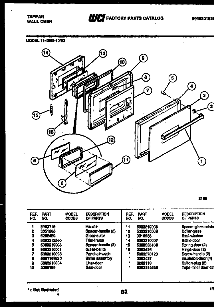 DOOR PARTS Diagram and Parts List for 11-1969-00-02  Tappan Wall Oven