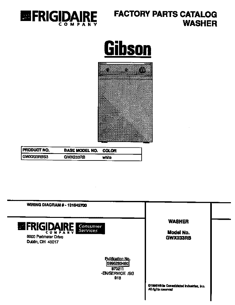 COVER Diagram and Parts List for GWX233RBS3  Gibson Washer