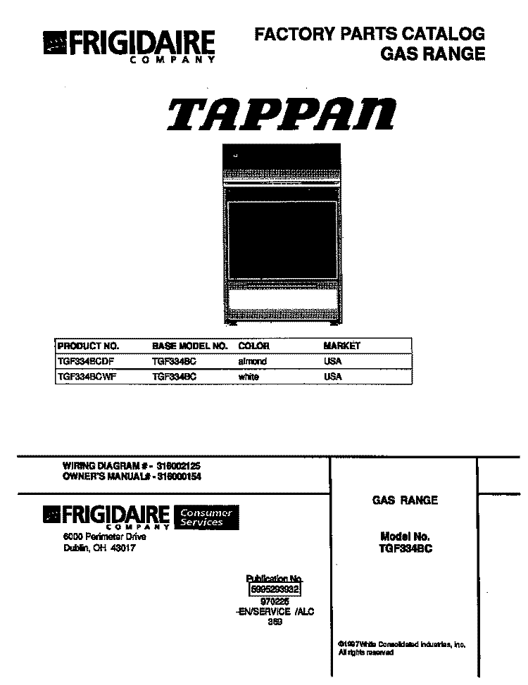 COVER Diagram and Parts List for TGF334BCDF  Tappan Range