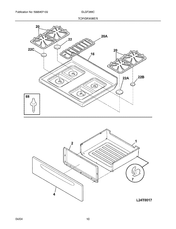 TOP / DRAWER Diagram and Parts List for GLGF388CQD  Frigidaire Range