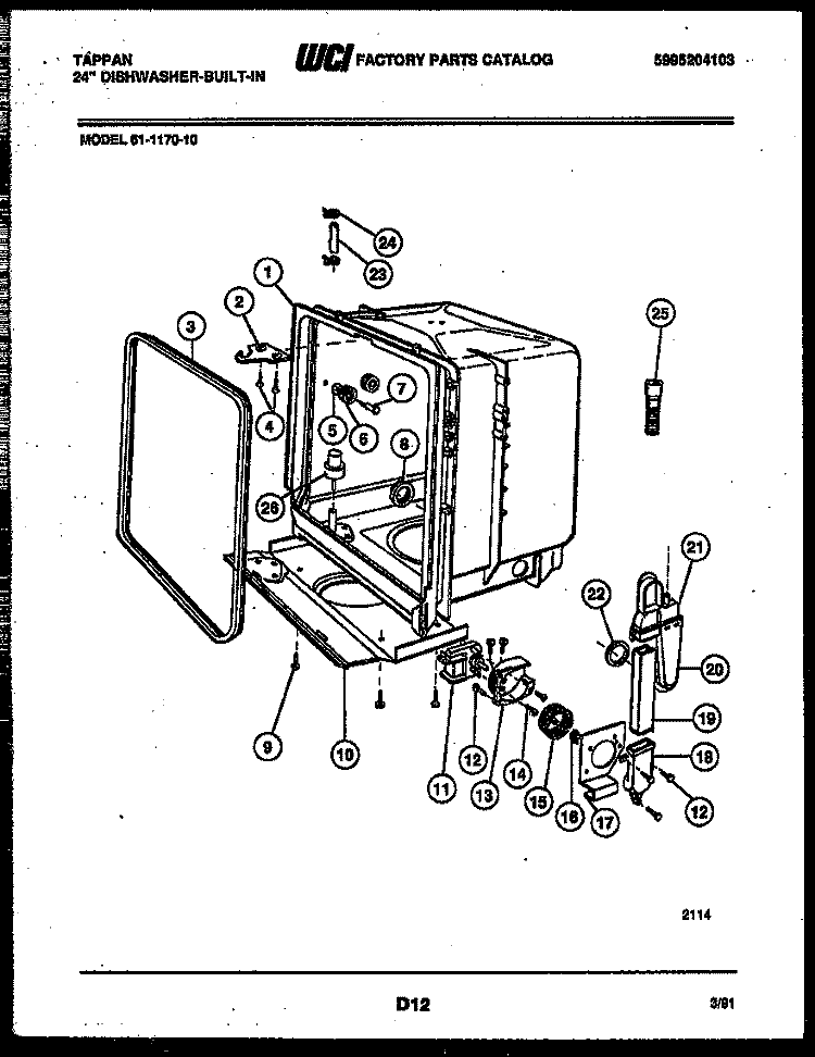TUB AND FRAME PARTS Diagram and Parts List for 61-1170-00  Tappan Dishwasher