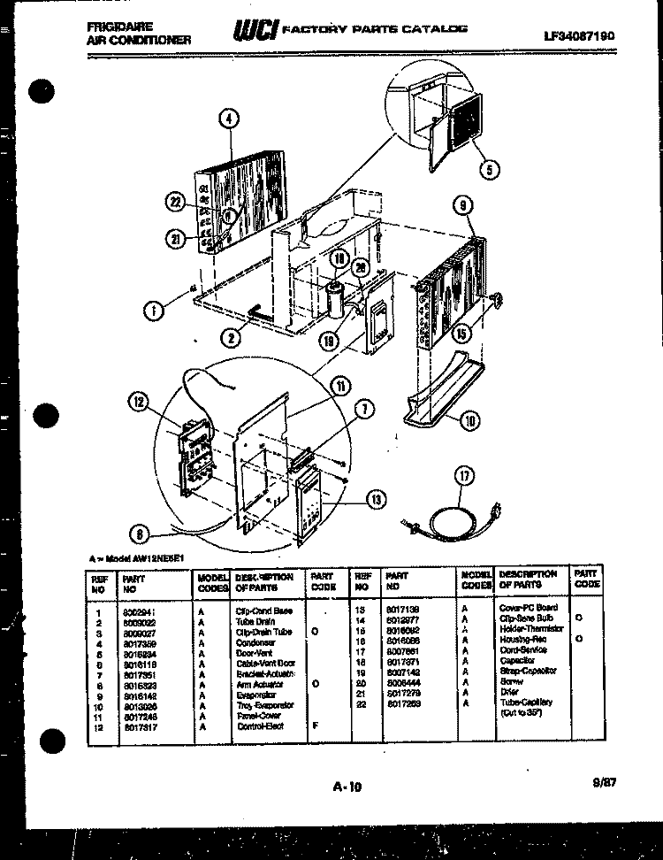 UNIT PARTS Diagram and Parts List for AW12NE5E1  Frigidaire Air Conditioner