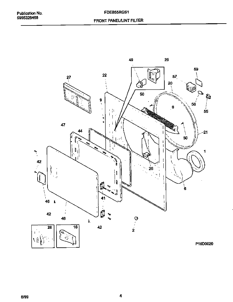 P16D0020 FRNT PNL, DOOR Diagram and Parts List for FDEB55RGS1  Frigidaire Dryer