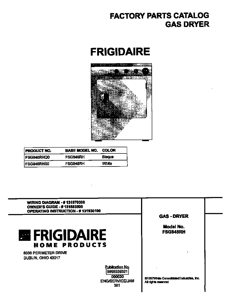 COVER Diagram and Parts List for FSG848RHS0  Frigidaire Dryer