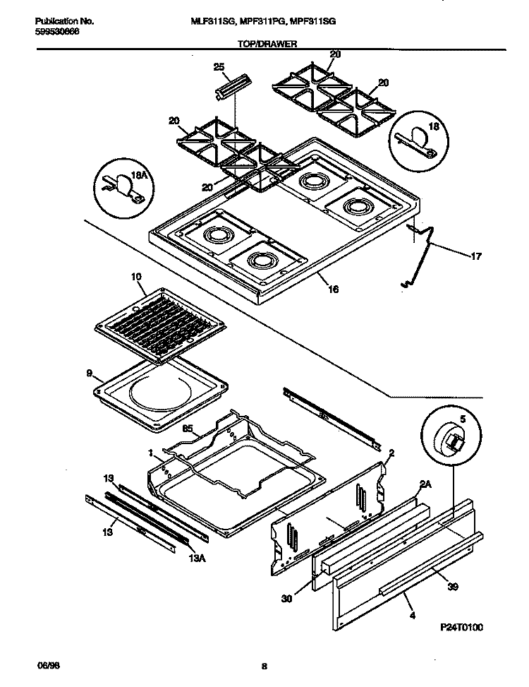 TOP / DRAWER Diagram and Parts List for MLF311SGWA  Frigidaire Range
