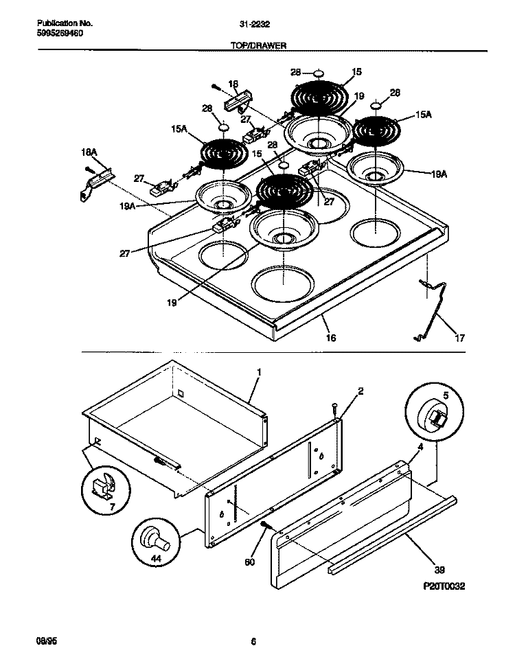 TOP / DRAWER Diagram and Parts List for 31-2232-00-03  Tappan Range