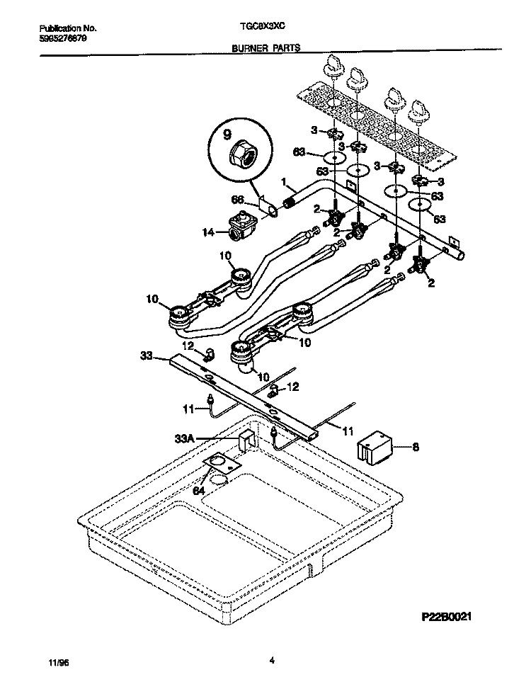 BURNER PARTS Diagram and Parts List for TGC8X3XCW2  Tappan Cooktop