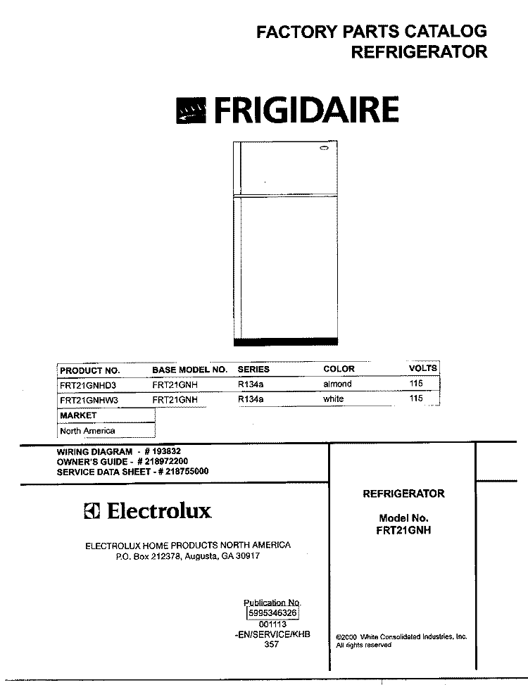 COVER Diagram and Parts List for FRT21GNHD3  Frigidaire Refrigerator
