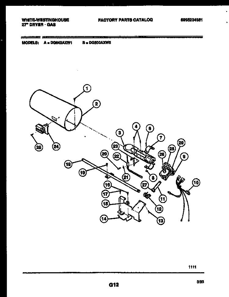 BURNER, IGNITER AND VALVE Diagram and Parts List for DG500AXW5  Frigidaire Dryer