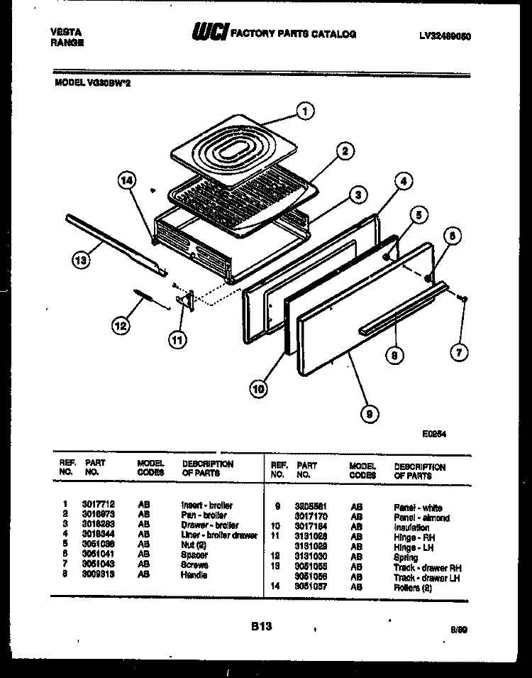 BROILER DRAWER PARTS Diagram and Parts List for VG30BW2  Tappan Range
