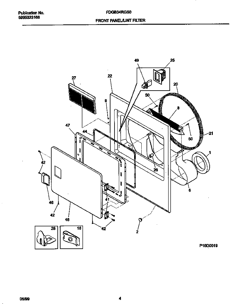 P16D0019 FRNT PNL, DOOR Diagram and Parts List for FDGB34RGS0  Frigidaire Dryer