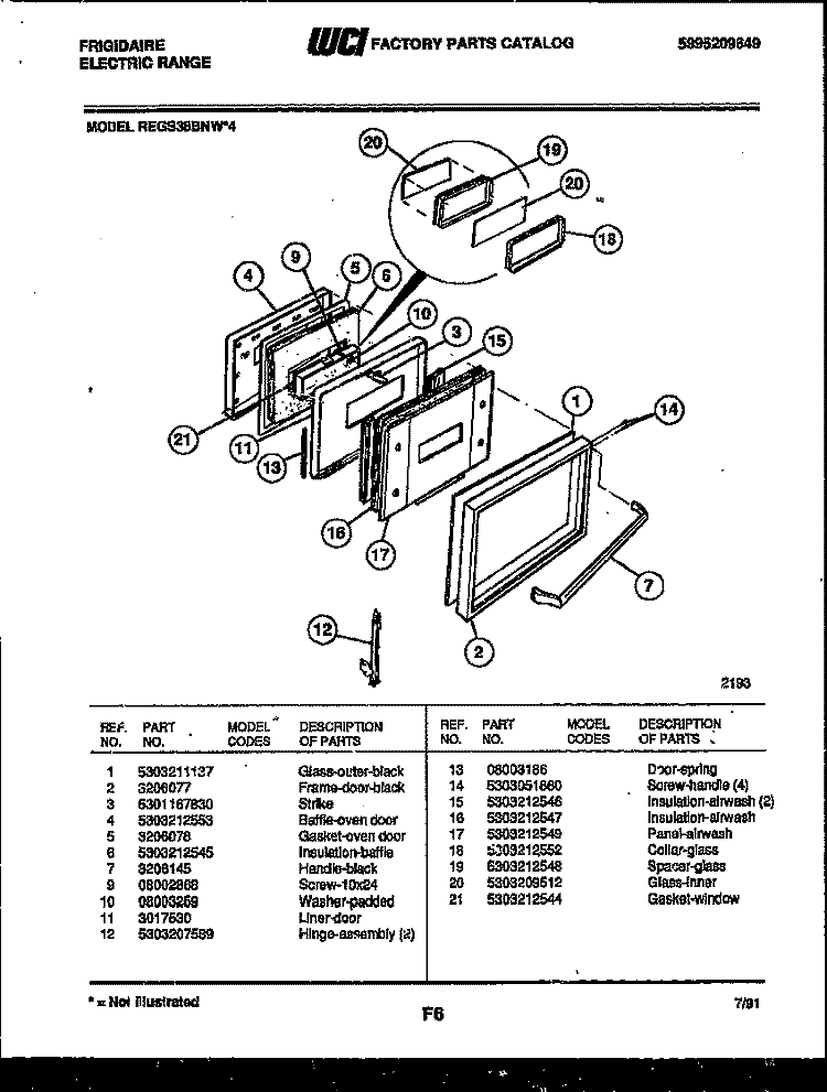 DOOR PARTS Diagram and Parts List for REGS38BNW4  Frigidaire Range