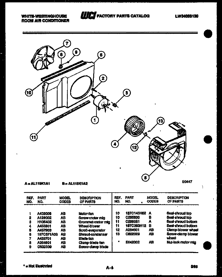 AIR HANDLING PARTS Diagram and Parts List for AL119K1A1  Frigidaire Air Conditioner