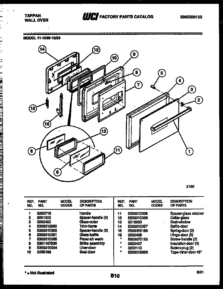 DOOR PARTS Diagram and Parts List for 11-1969-00-03  Tappan Wall Oven