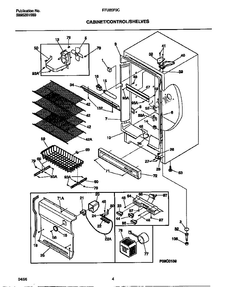 CABINET / CONTROL / SHELVES Diagram and Parts List for FFU20F9CW2  Frigidaire Freezer