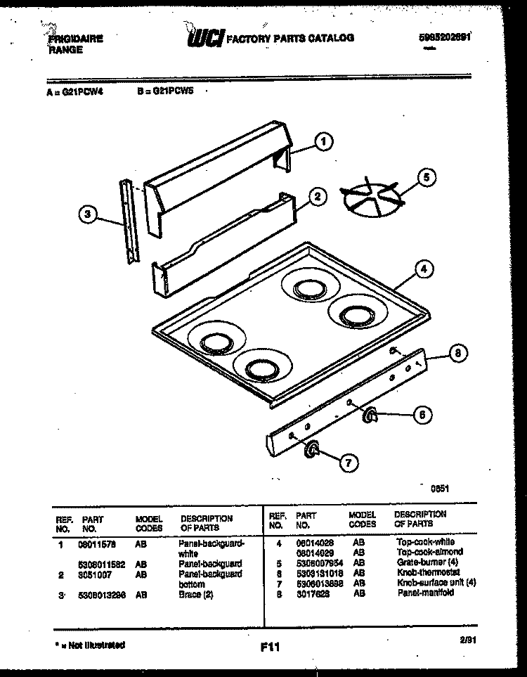BACKGUARD AND COOKTOP PARTS Diagram and Parts List for G21PCW5  Frigidaire Range