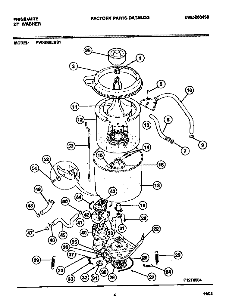 TUBS, HOSES, MOTOR Diagram and Parts List for FWX645LBS1  Frigidaire Washer