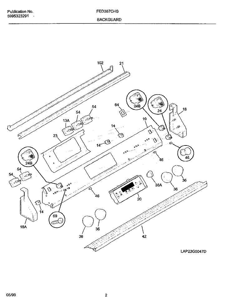 BACKGUARD Diagram and Parts List for FED387CHSA  Frigidaire Range