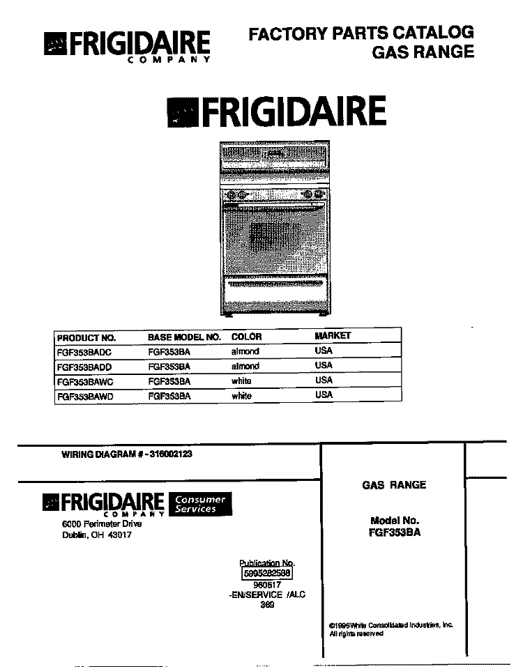 COVER Diagram and Parts List for FGF353BADD  Frigidaire Range