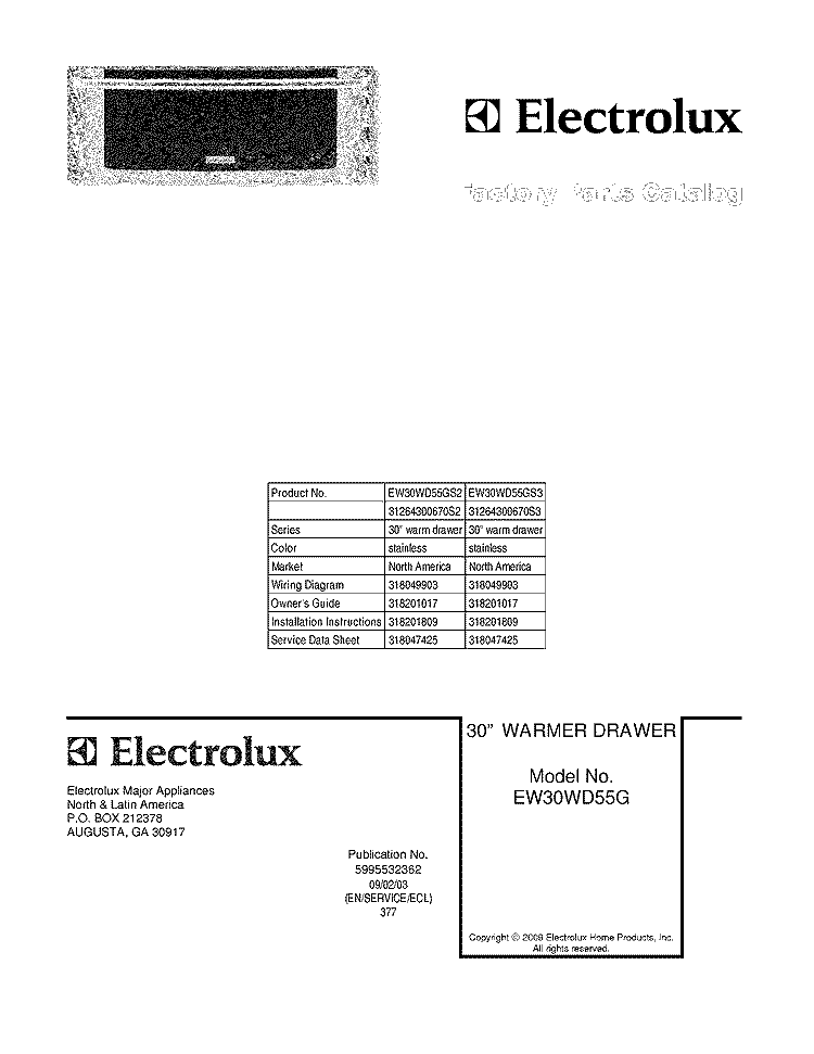 COVER Diagram and Parts List for EW30WD55GS2  Electrolux Warming Drawer