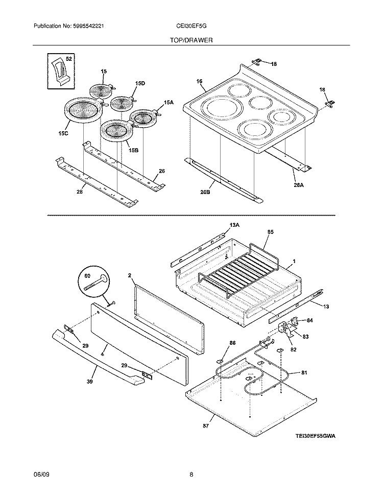 TOP/DRAWER Diagram and Parts List for CEI30EF5GBB  Electrolux Range