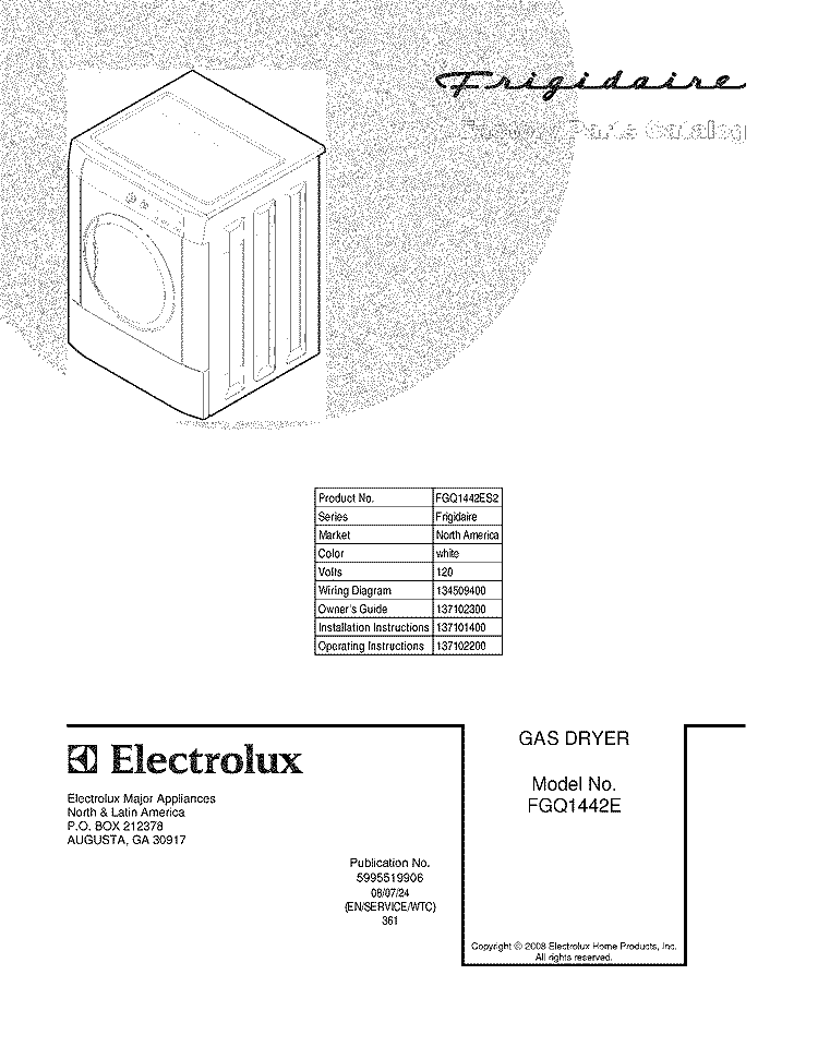 COVER Diagram and Parts List for FGQ1442ES2  Frigidaire Dryer
