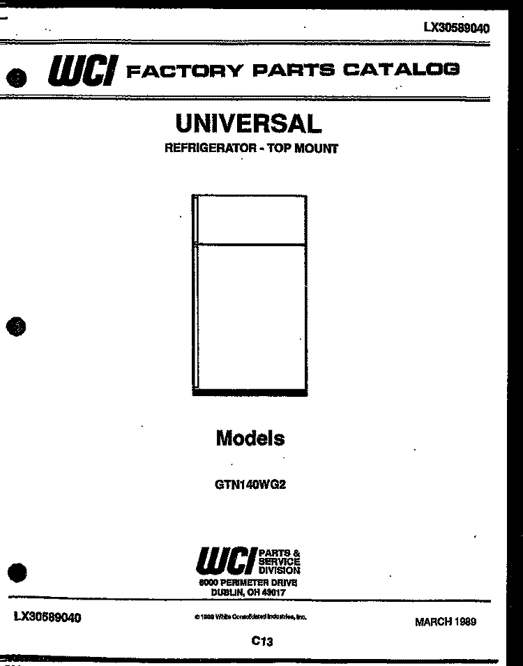 COVER Diagram and Parts List for GTN140BG2  Frigidaire Refrigerator
