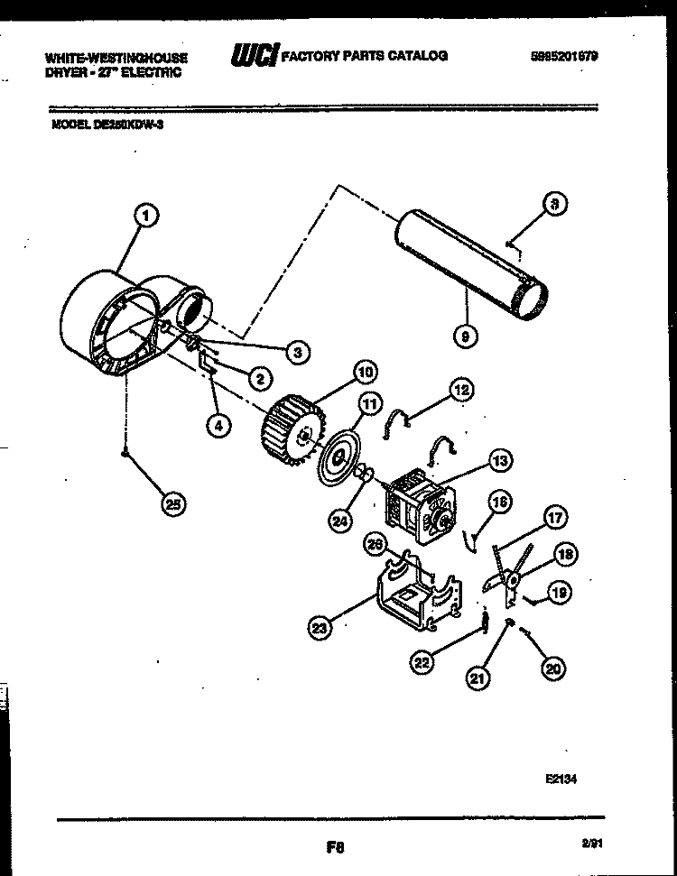 BLOWER AND DRIVE PARTS Diagram and Parts List for DE250KDW3  Frigidaire Dryer