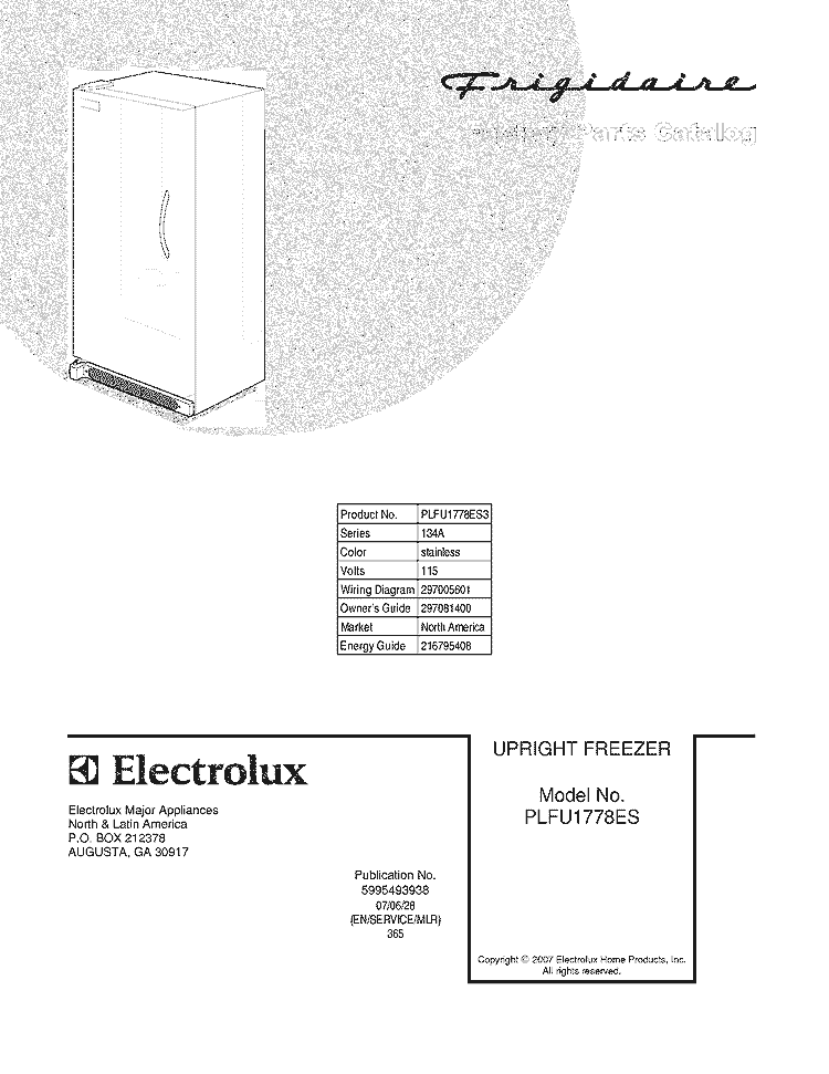 COVER Diagram and Parts List for PLFU1778ES3  Frigidaire Freezer